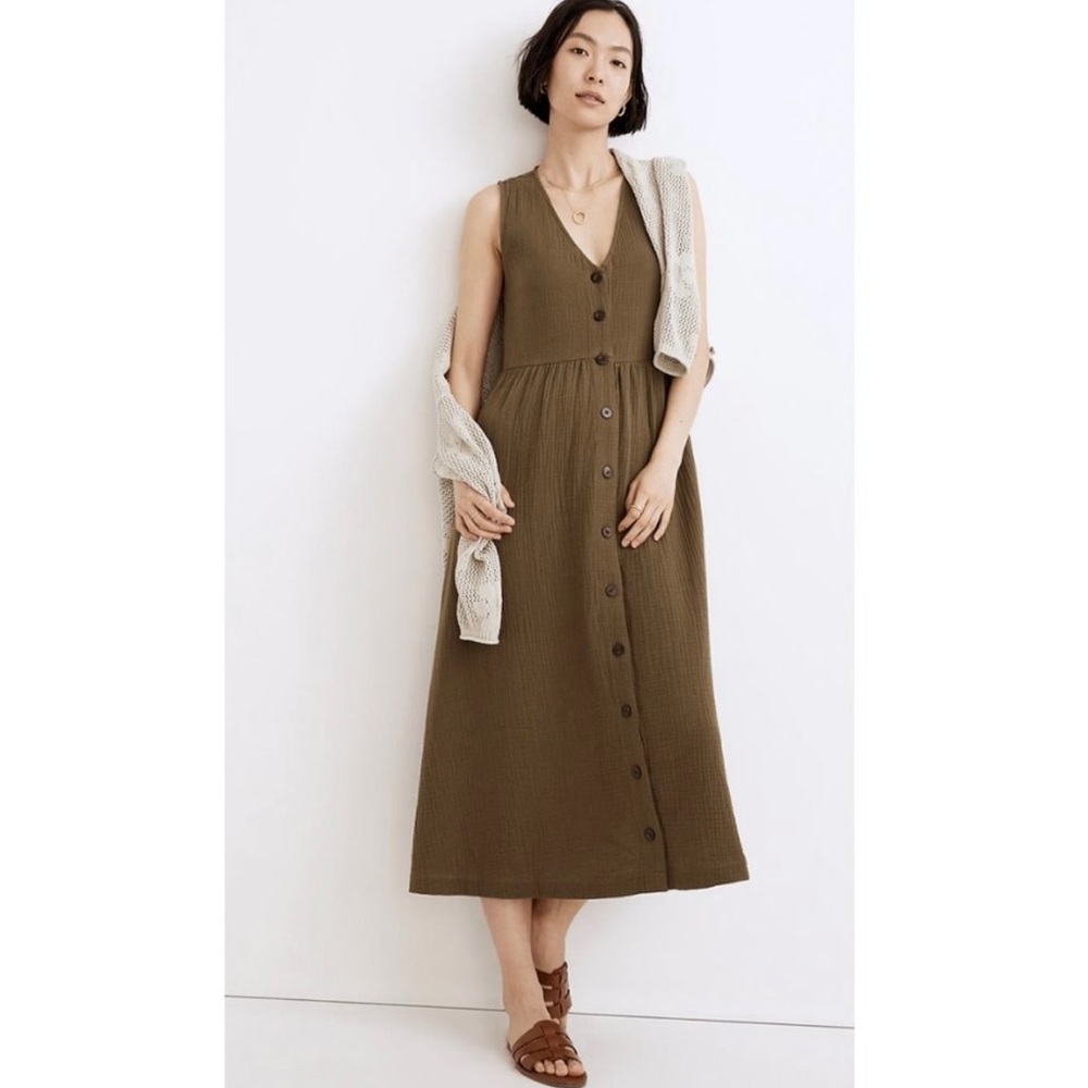 Madewell Women's $118 Lightspun Button-Front Tank Midi Dress Size S NF905 Green